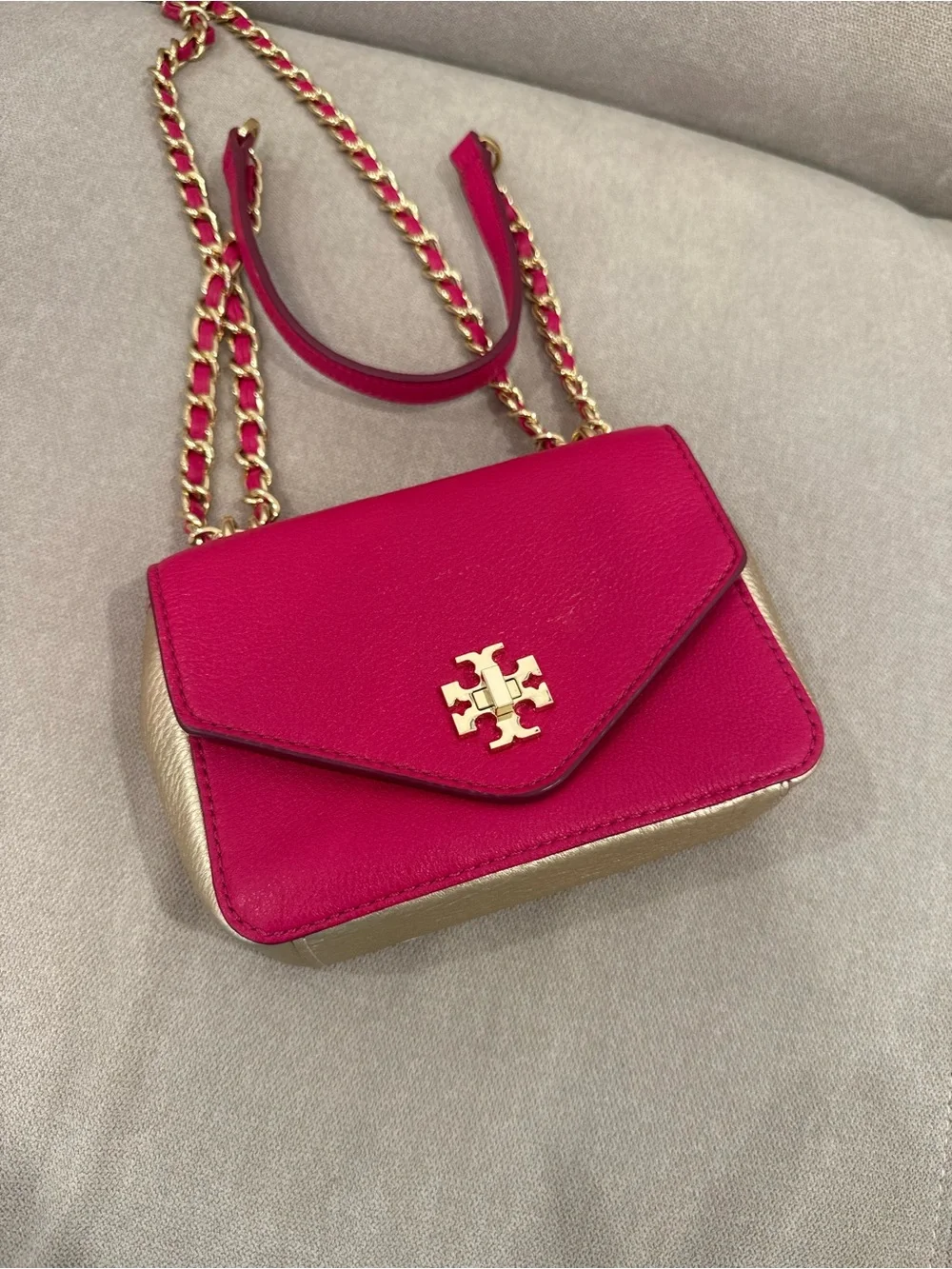 Tory Burch Kira Shoulder Crossbody Leather Bag in Hot Pink and Gold Hardware